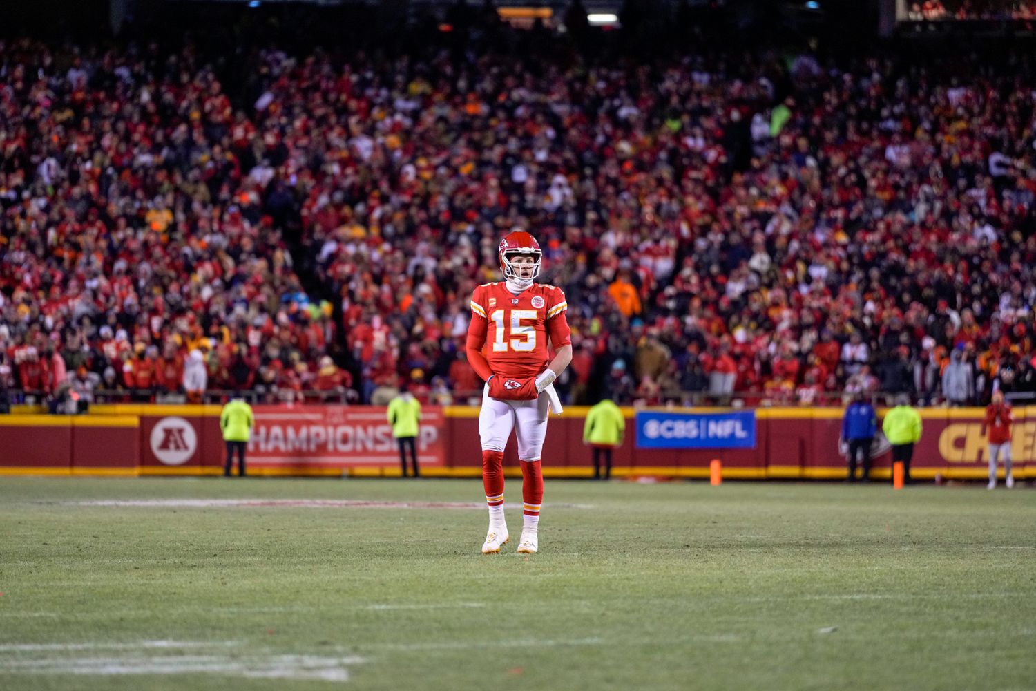 Kansas City Chiefs quarterback Patrick Mahomes (15) paces between plays in the third quarter of the AFC championship NFL game between the Cincinnati Bengals and the Kansas City Chiefs, Sunday, Jan. 29, 2023, at Arrowhead Stadium in Kansas City, Mo. The Kansas City Chiefs advanced to the Super Bowl with a 23-20 win over the Bengals. Cincinnati Bengals At Kansas City Chiefs Afc Championship Jan 29 100